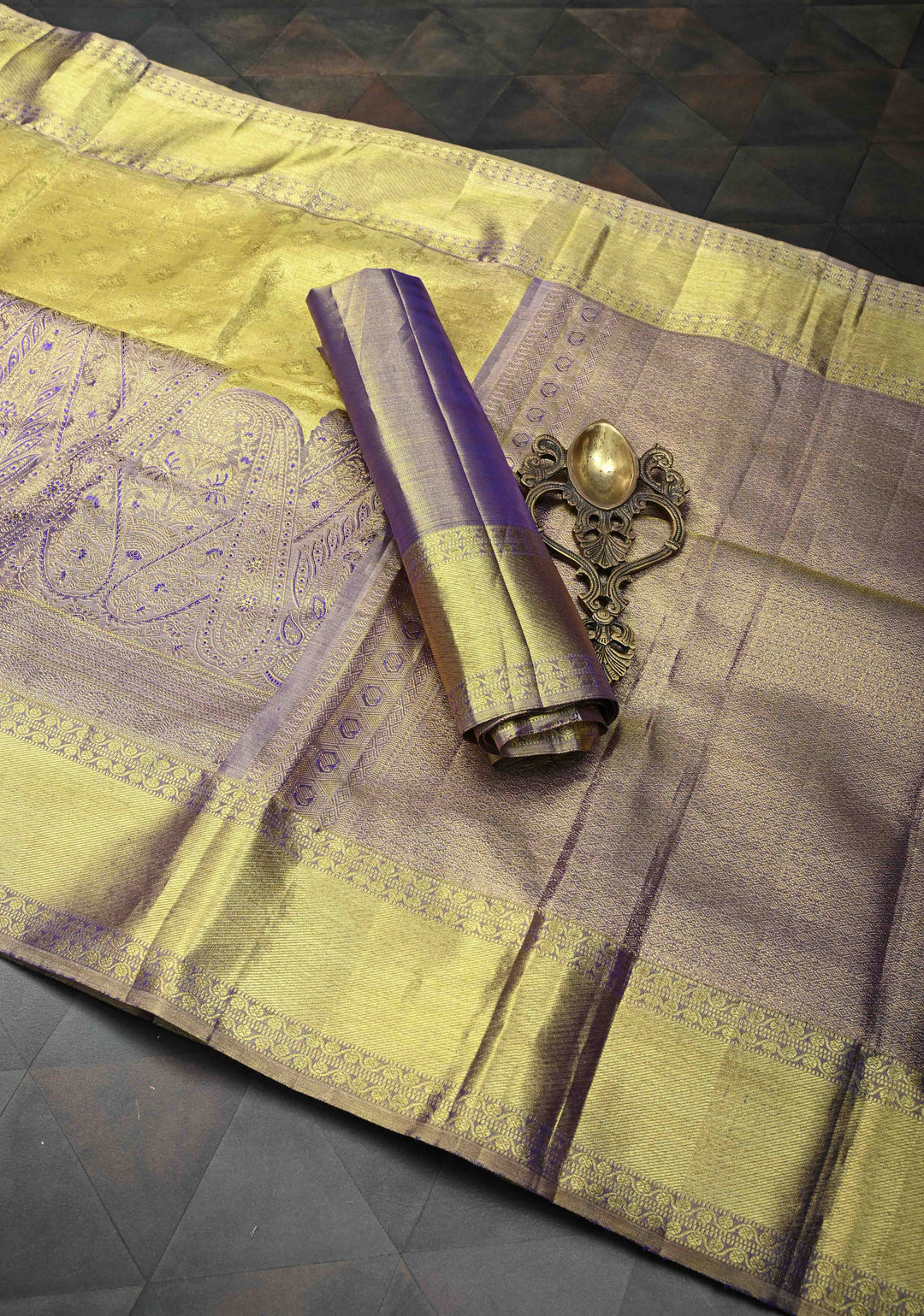 Golden Brocade Tissue Kanjivaram Pure Silk Saree With Zari Border | SILK MARK CERTIFIED
