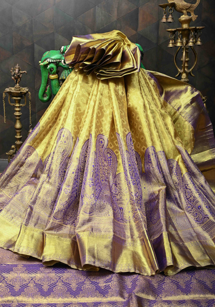 Golden Brocade Tissue Kanjivaram Pure Silk Saree With Zari Border | SILK MARK CERTIFIED