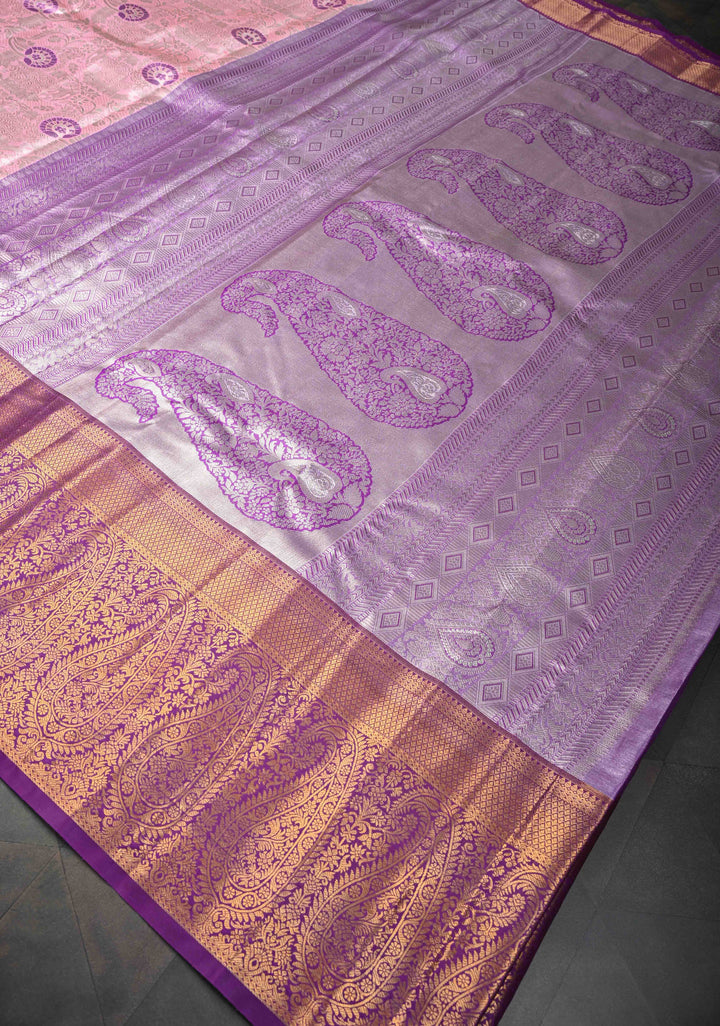 Rose Pink Kanjivaram Tissue Semi Silk Saree with Meenakari Floral Brocade Jaal and Contrast Zari Border