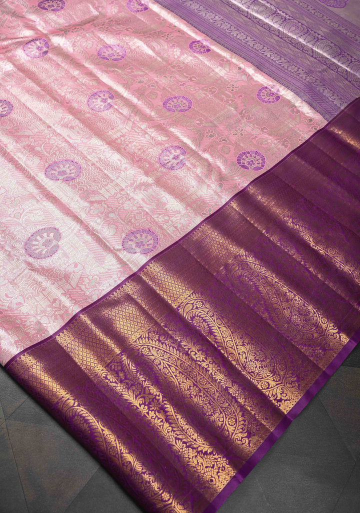 Rose Pink Kanjivaram Tissue Semi Silk Saree with Meenakari Floral Brocade Jaal and Contrast Zari Border
