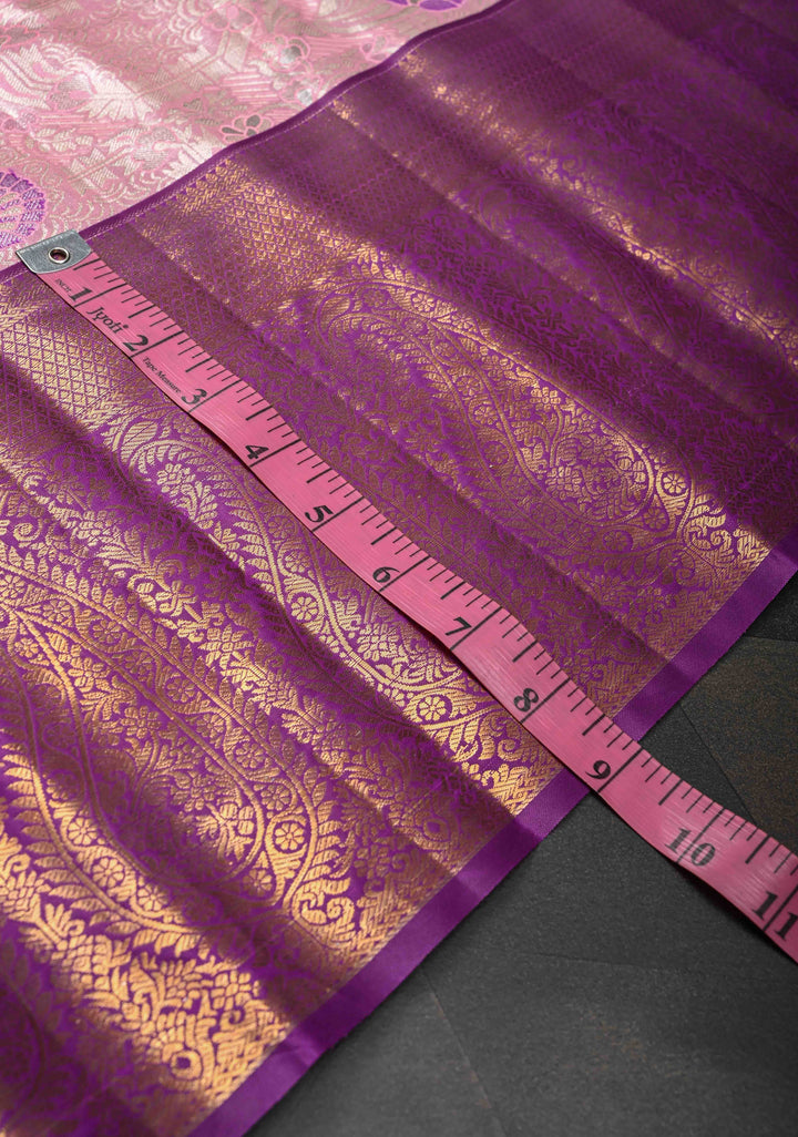 Rose Pink Kanjivaram Tissue Semi Silk Saree with Meenakari Floral Brocade Jaal and Contrast Zari Border