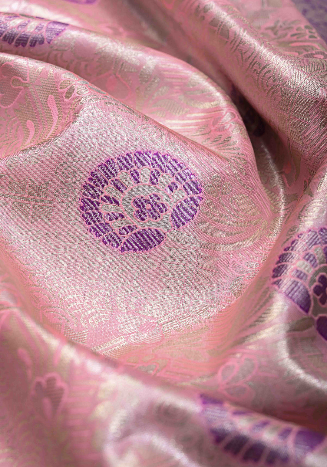 Rose Pink Kanjivaram Tissue Semi Silk Saree with Meenakari Floral Brocade Jaal and Contrast Zari Border