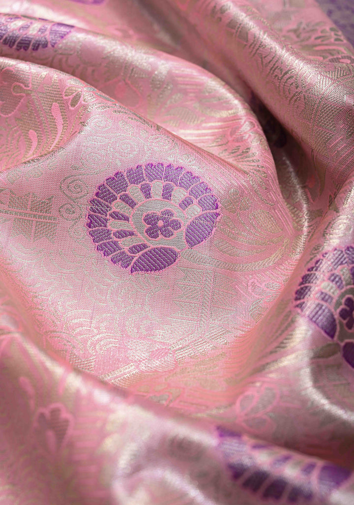 Rose Pink Kanjivaram Tissue Semi Silk Saree with Meenakari Floral Brocade Jaal and Contrast Zari Border