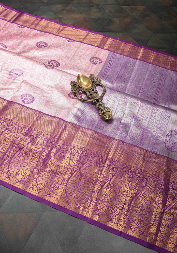 Rose Pink Kanjivaram Tissue Semi Silk Saree with Meenakari Floral Brocade Jaal and Contrast Zari Border