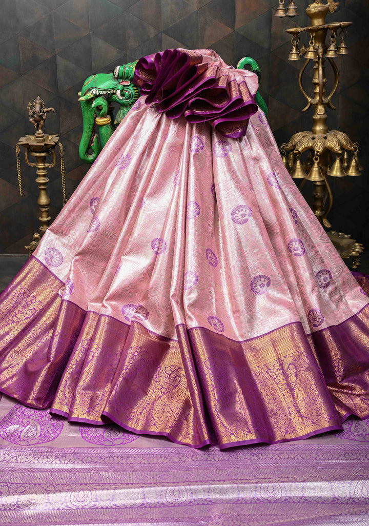 Rose Pink Kanjivaram Tissue Semi Silk Saree with Meenakari Floral Brocade Jaal and Contrast Zari Border