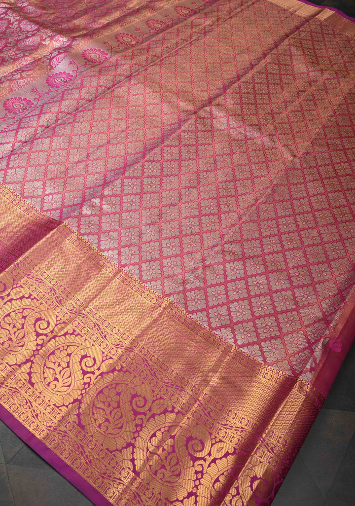 Pink Dual tone Kanjivaram Tissue Semi Silk Saree with Meenakari Floral Brocade Jaal and Contrast Zari Border