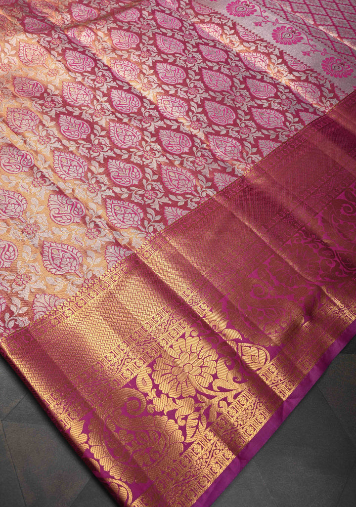 Pink Dual tone Kanjivaram Tissue Semi Silk Saree with Meenakari Floral Brocade Jaal and Contrast Zari Border