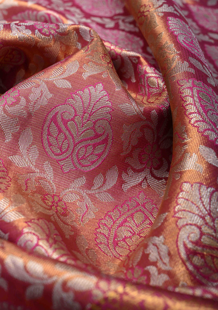 Pink Dual tone Kanjivaram Tissue Semi Silk Saree with Meenakari Floral Brocade Jaal and Contrast Zari Border