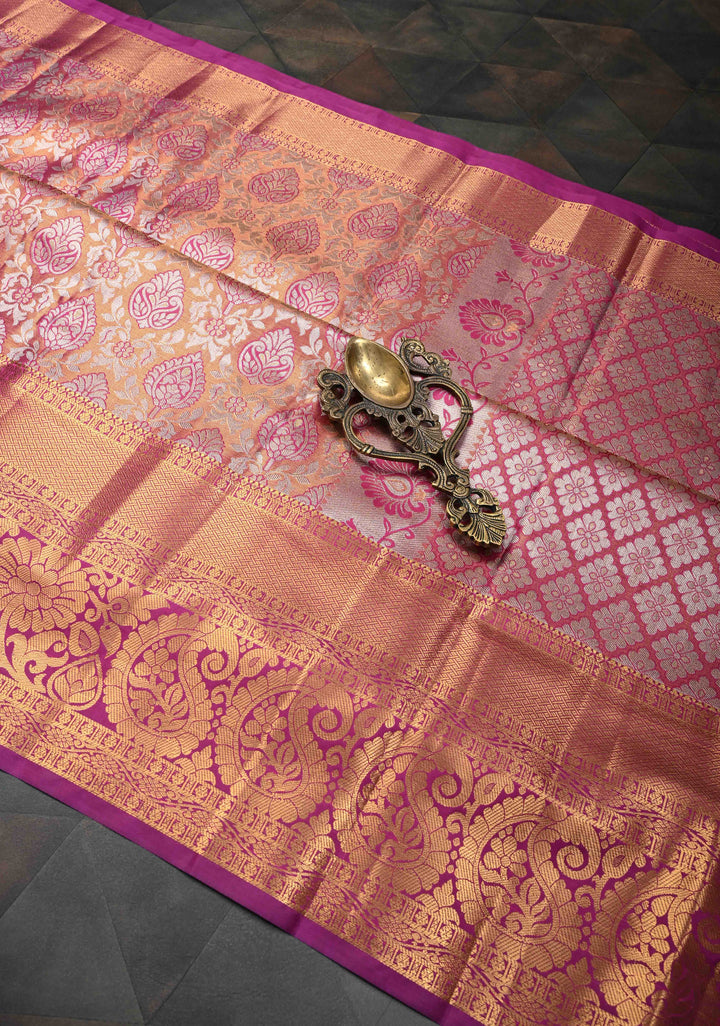 Pink Dual tone Kanjivaram Tissue Semi Silk Saree with Meenakari Floral Brocade Jaal and Contrast Zari Border