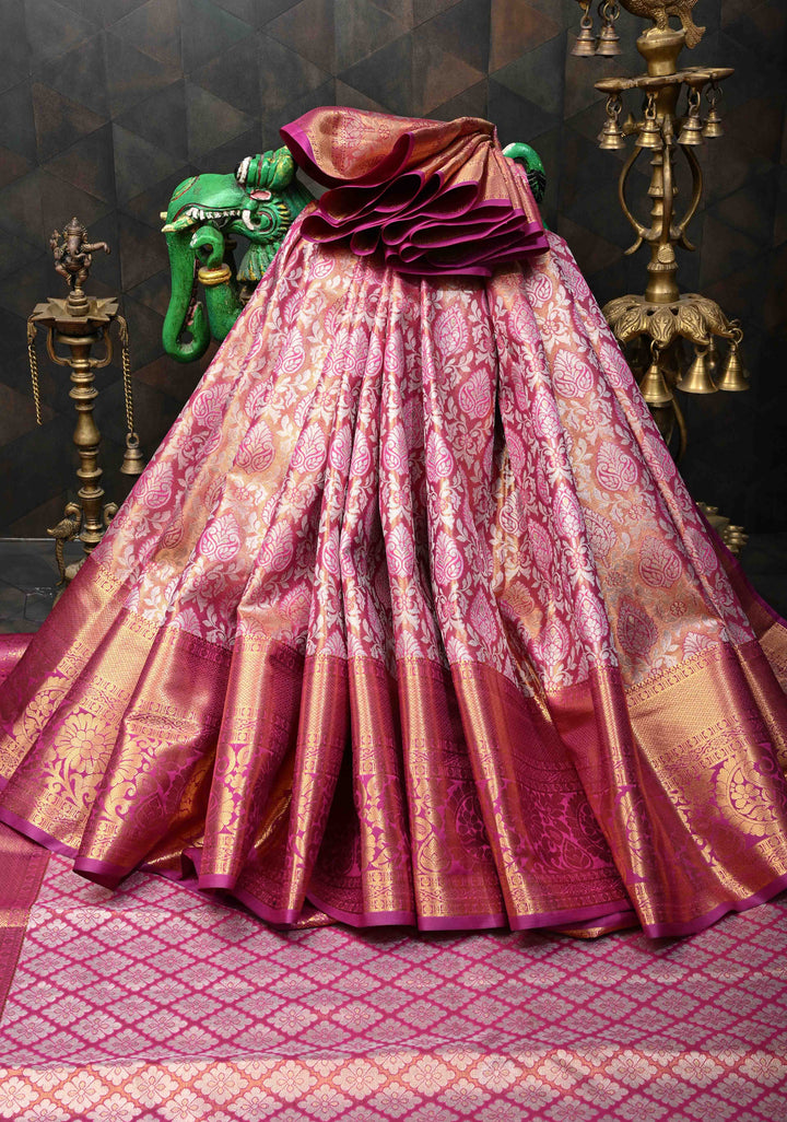 Pink Dual tone Kanjivaram Tissue Semi Silk Saree with Meenakari Floral Brocade Jaal and Contrast Zari Border