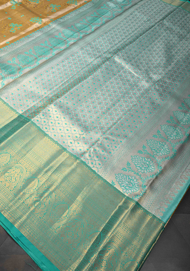 Mustard Gold Kanjivaram Tissue Semi Silk Saree with Meenakari Floral Brocade and Contrast Zari Border