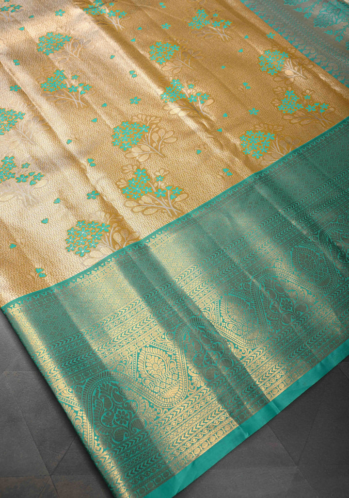 Mustard Gold Kanjivaram Tissue Semi Silk Saree with Meenakari Floral Brocade and Contrast Zari Border