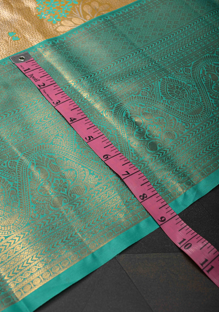 Mustard Gold Kanjivaram Tissue Semi Silk Saree with Meenakari Floral Brocade and Contrast Zari Border