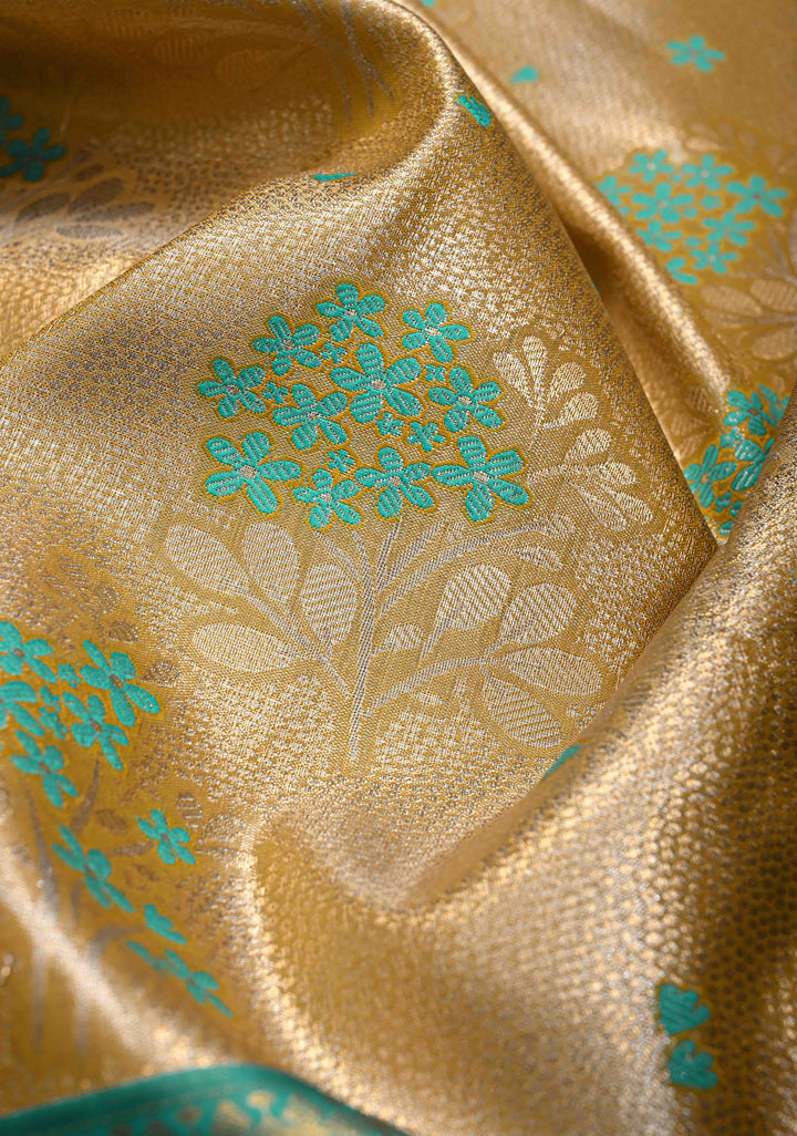Mustard Gold Kanjivaram Tissue Semi Silk Saree with Meenakari Floral Brocade and Contrast Zari Border