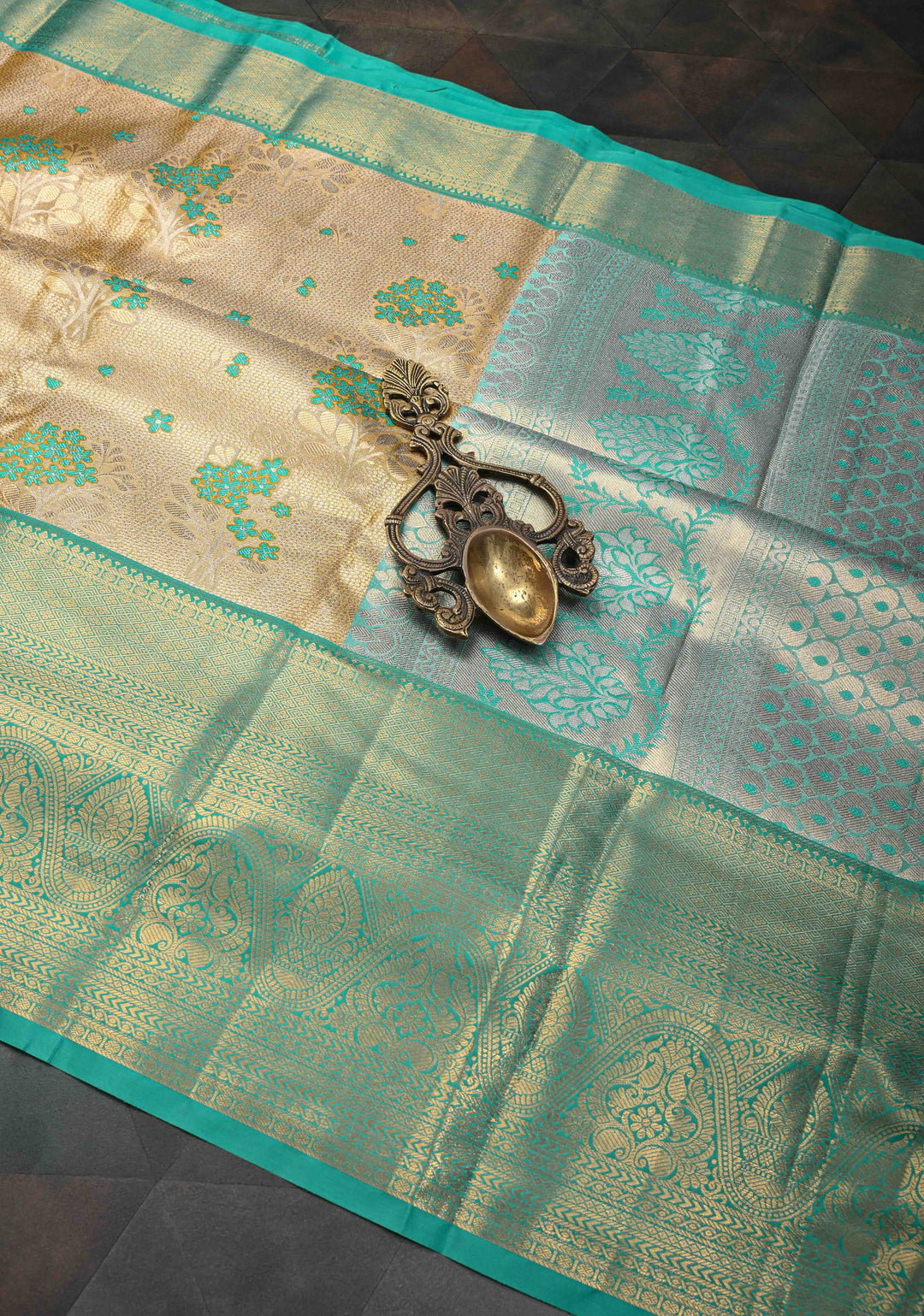 Mustard Gold Kanjivaram Tissue Semi Silk Saree with Meenakari Floral Brocade and Contrast Zari Border