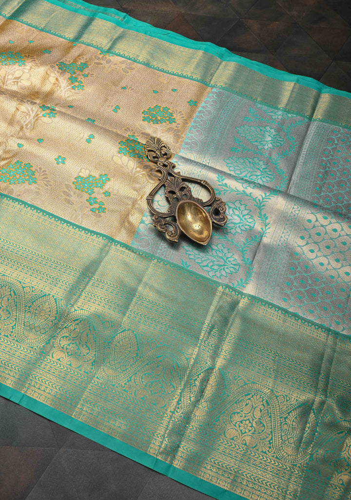 Mustard Gold Kanjivaram Tissue Semi Silk Saree with Meenakari Floral Brocade and Contrast Zari Border