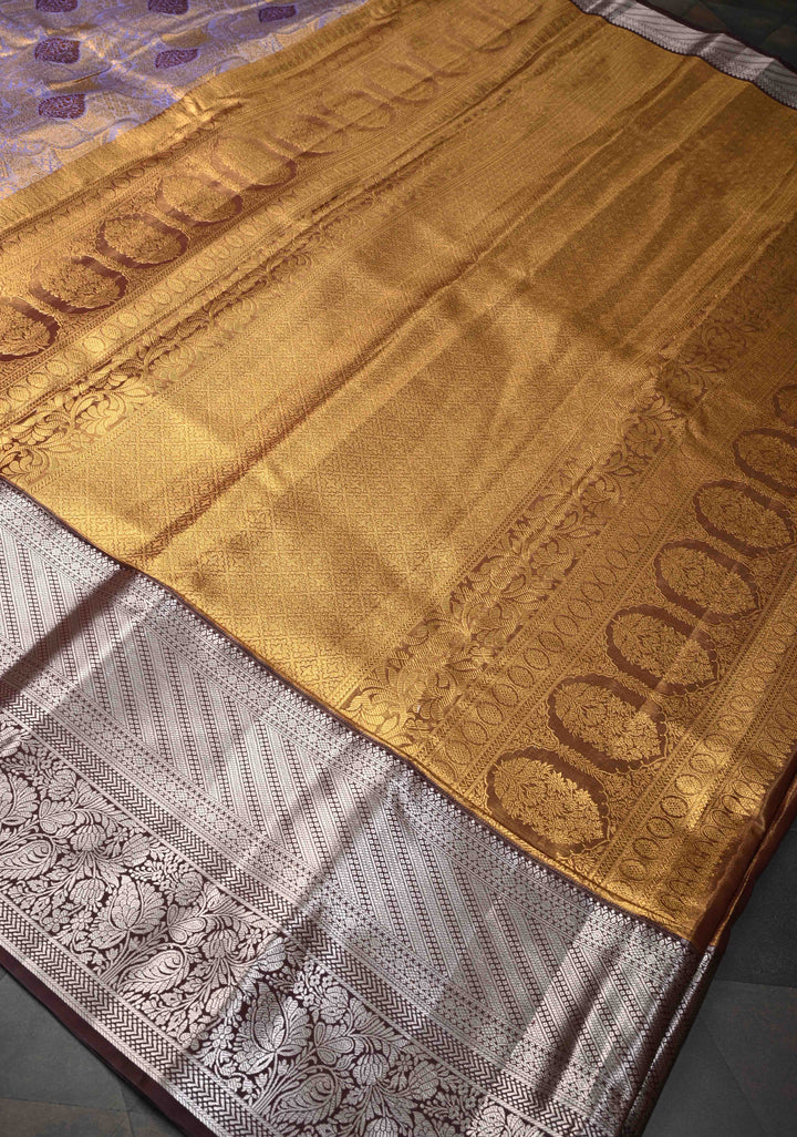 Lilac Purple Kanjivaram Tissue Semi Silk Saree with Meenakari Floral Brocade Jaal and Contrast Zari Border