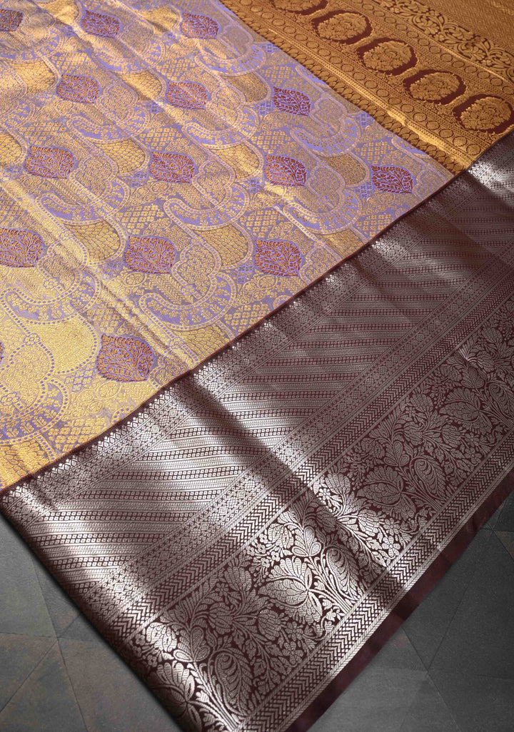 Lilac Purple Kanjivaram Tissue Semi Silk Saree with Meenakari Floral Brocade Jaal and Contrast Zari Border