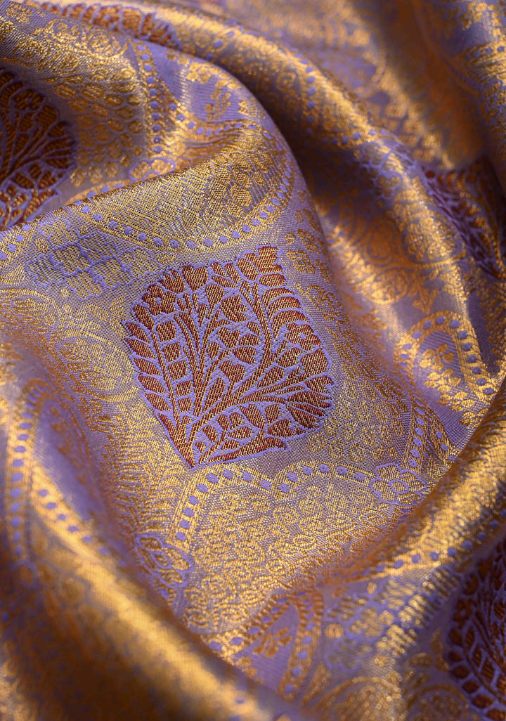 Lilac Purple Kanjivaram Tissue Semi Silk Saree with Meenakari Floral Brocade Jaal and Contrast Zari Border