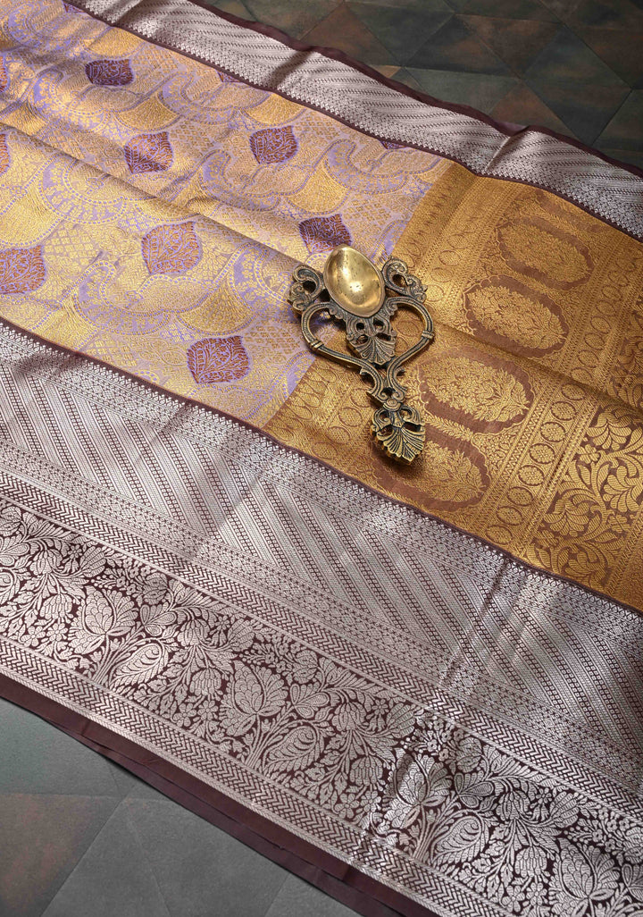 Lilac Purple Kanjivaram Tissue Semi Silk Saree with Meenakari Floral Brocade Jaal and Contrast Zari Border