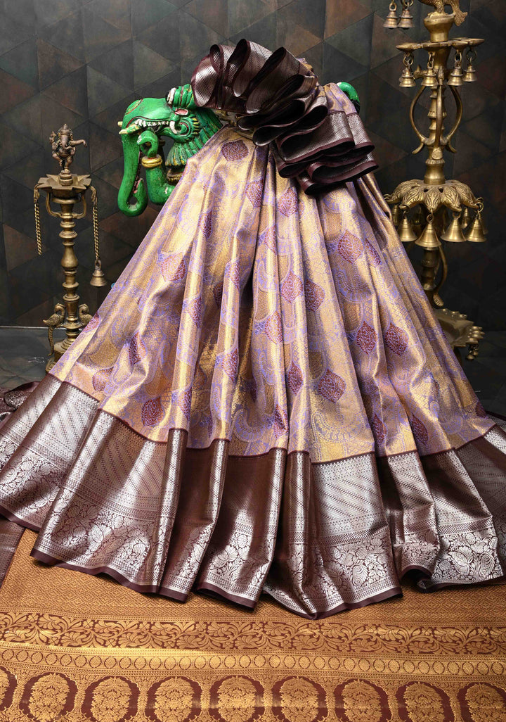 Lilac Purple Kanjivaram Tissue Semi Silk Saree with Meenakari Floral Brocade Jaal and Contrast Zari Border