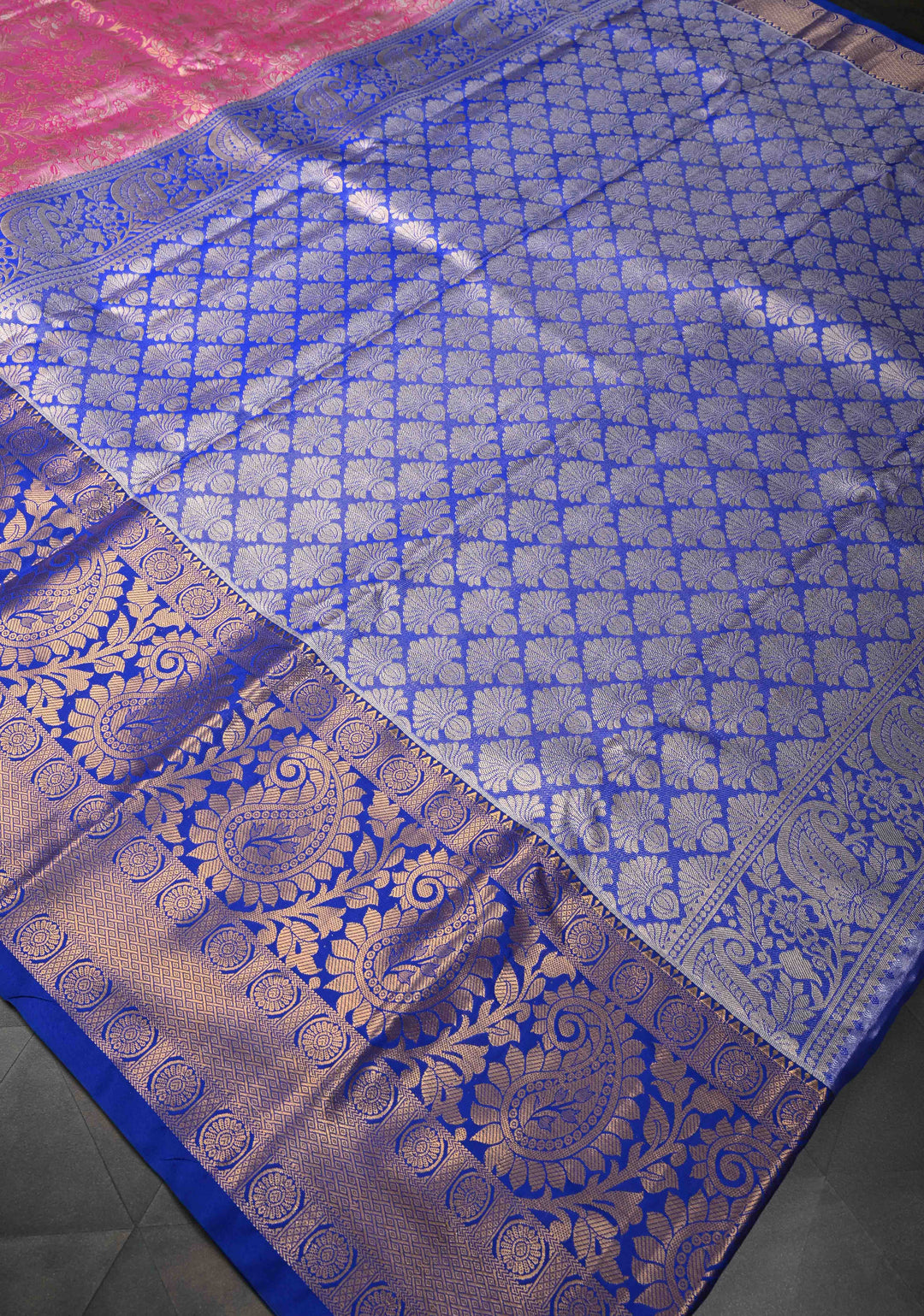 Dark Pink Kanjivaram Tissue Semi Silk Saree with Meenakari Floral Brocade Jaal and Contrast Zari Border