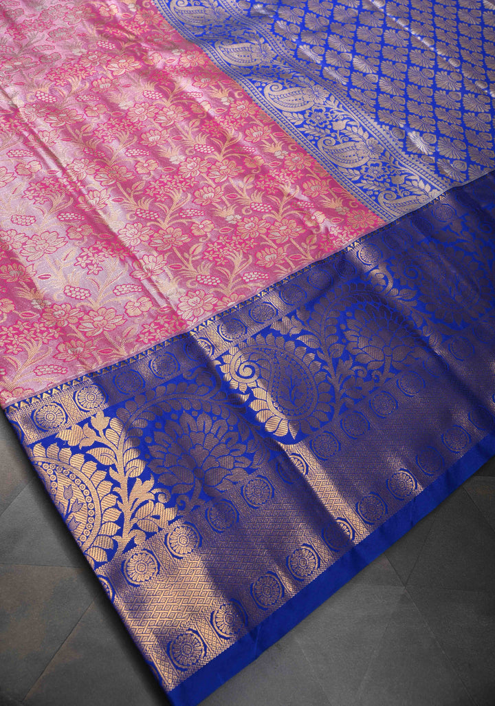 Dark Pink Kanjivaram Tissue Semi Silk Saree with Meenakari Floral Brocade Jaal and Contrast Zari Border