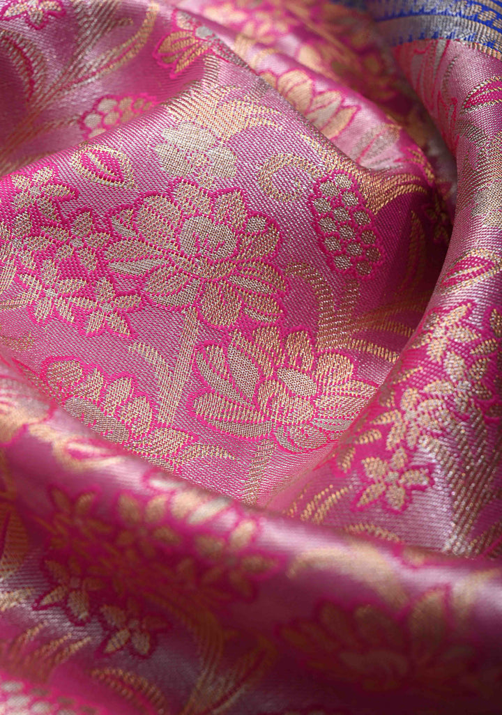Dark Pink Kanjivaram Tissue Semi Silk Saree with Meenakari Floral Brocade Jaal and Contrast Zari Border