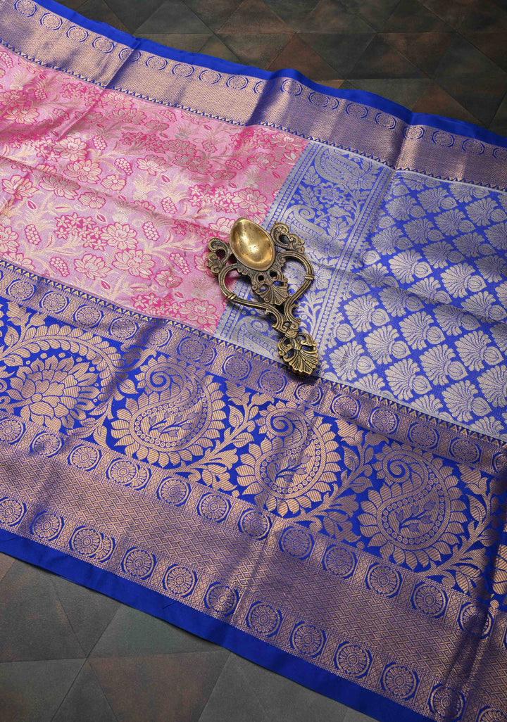 Dark Pink Kanjivaram Tissue Semi Silk Saree with Meenakari Floral Brocade Jaal and Contrast Zari Border