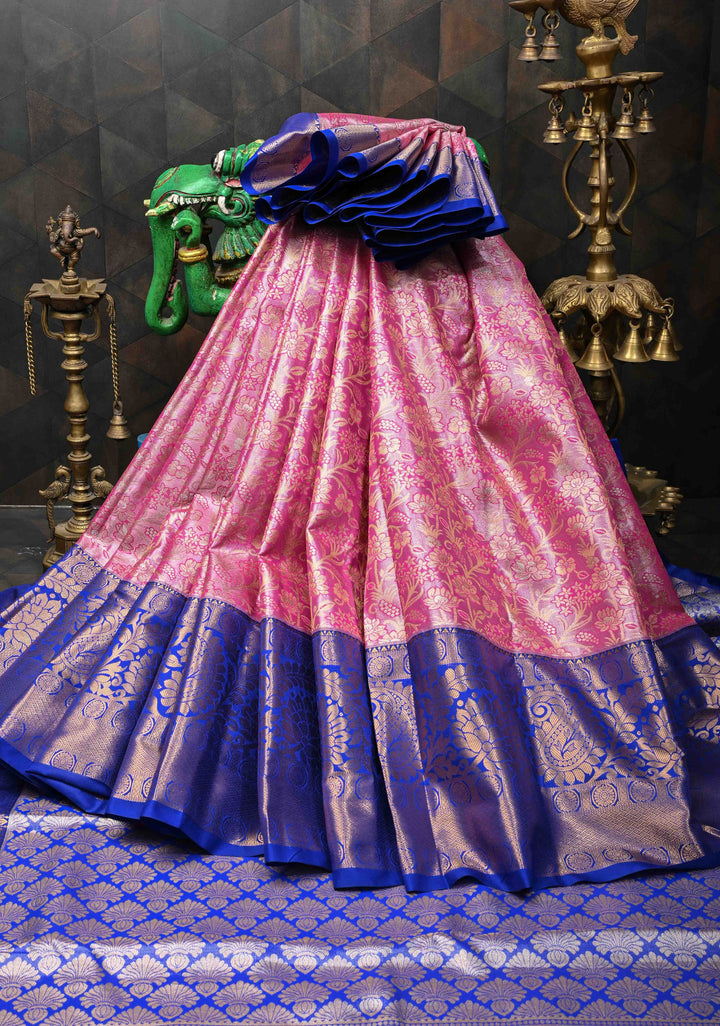 Dark Pink Kanjivaram Tissue Semi Silk Saree with Meenakari Floral Brocade Jaal and Contrast Zari Border