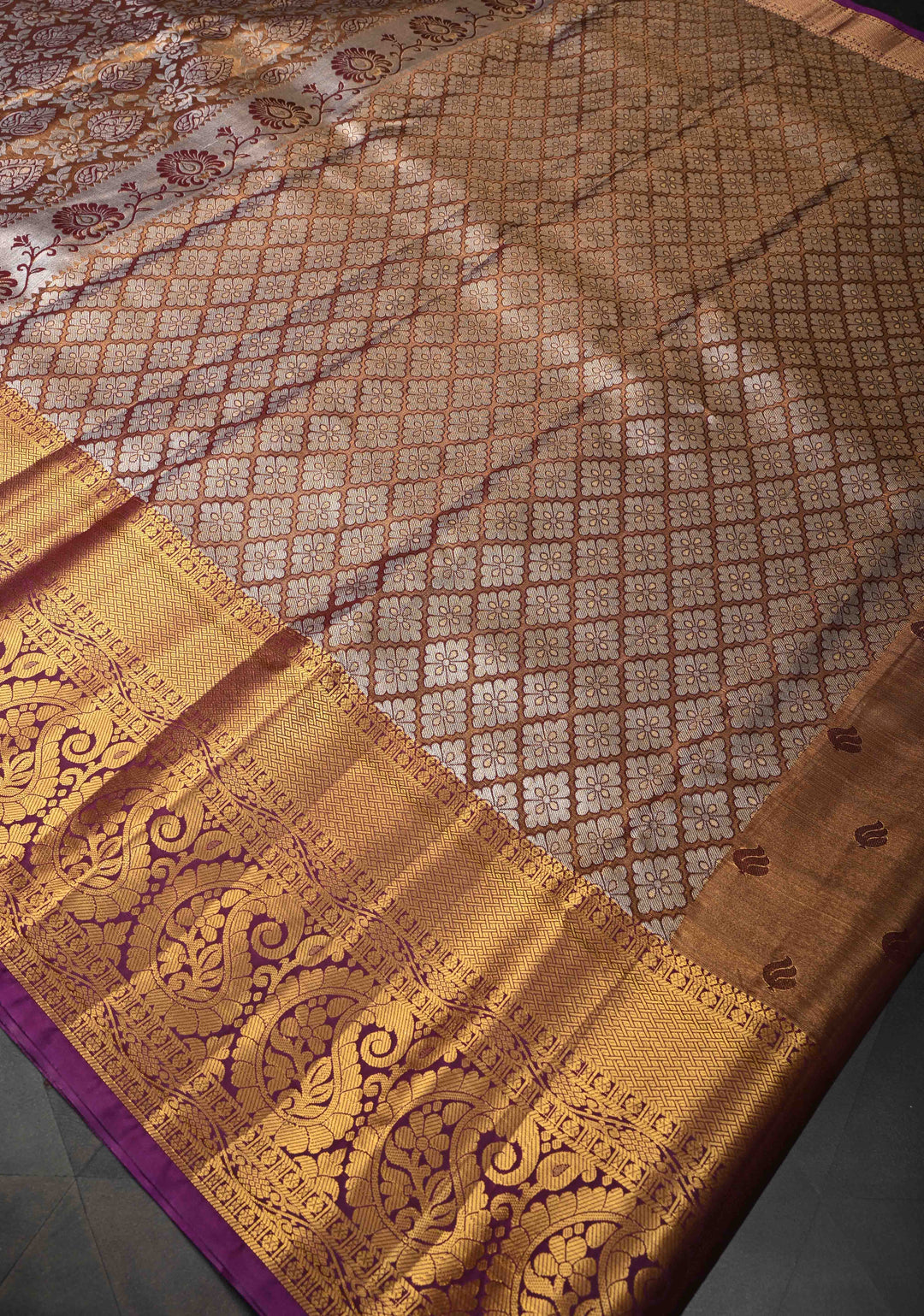 Bronze Kanjivaram Tissue Semi Silk Saree with Meenakari Floral Brocade Jaal and Contrast Zari Border