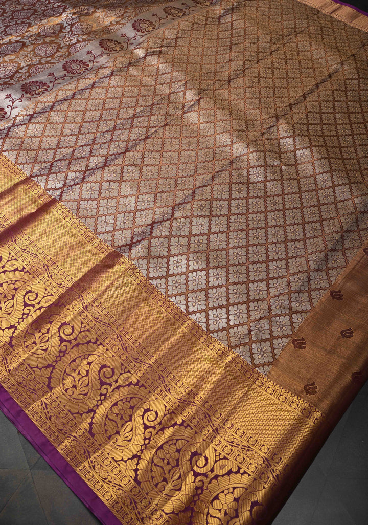 Bronze Kanjivaram Tissue Semi Silk Saree with Meenakari Floral Brocade Jaal and Contrast Zari Border