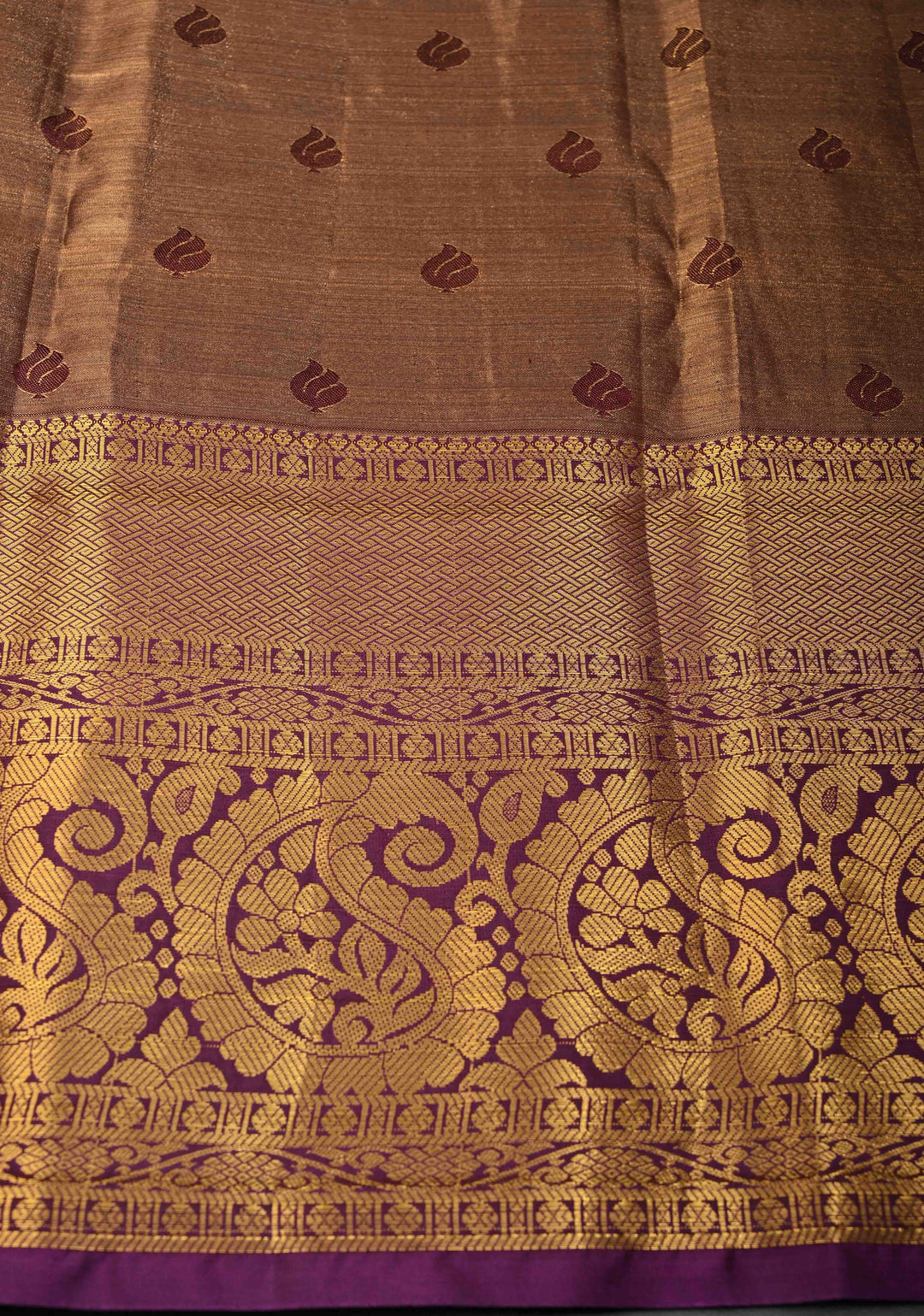 Bronze Kanjivaram Tissue Semi Silk Saree with Meenakari Floral Brocade Jaal and Contrast Zari Border