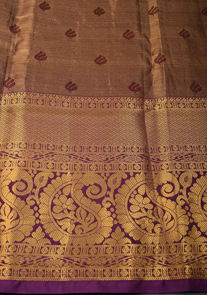 Bronze Kanjivaram Tissue Semi Silk Saree with Meenakari Floral Brocade Jaal and Contrast Zari Border