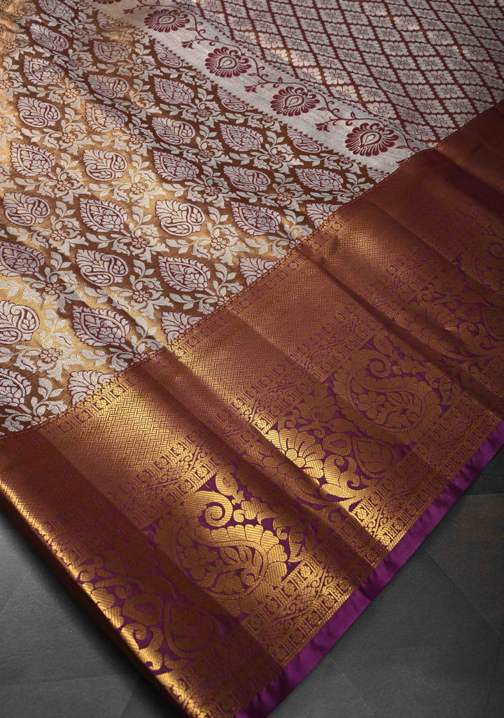 Bronze Kanjivaram Tissue Semi Silk Saree with Meenakari Floral Brocade Jaal and Contrast Zari Border