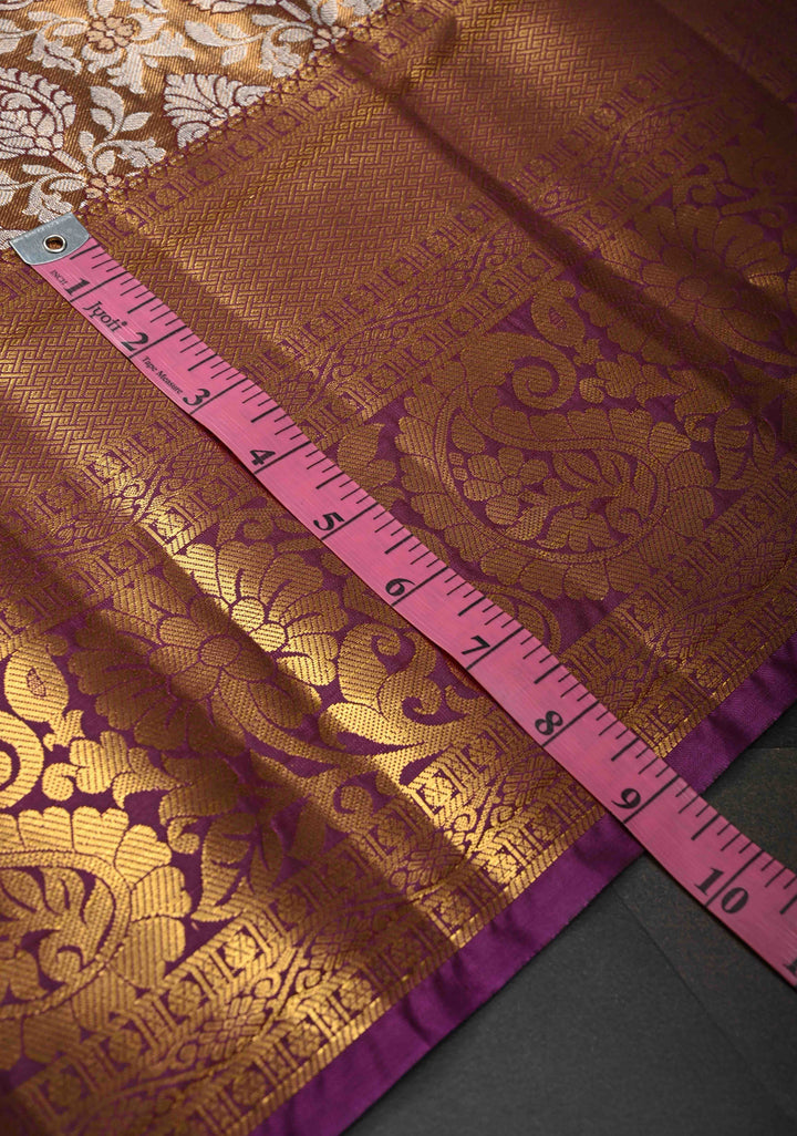 Bronze Kanjivaram Tissue Semi Silk Saree with Meenakari Floral Brocade Jaal and Contrast Zari Border