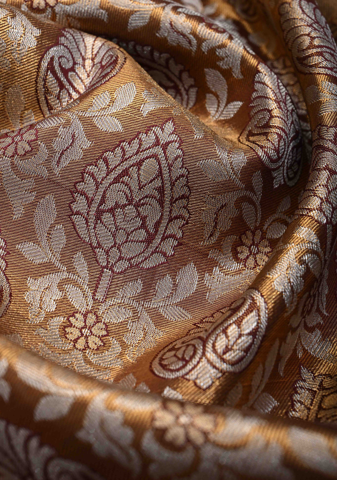 Bronze Kanjivaram Tissue Semi Silk Saree with Meenakari Floral Brocade Jaal and Contrast Zari Border