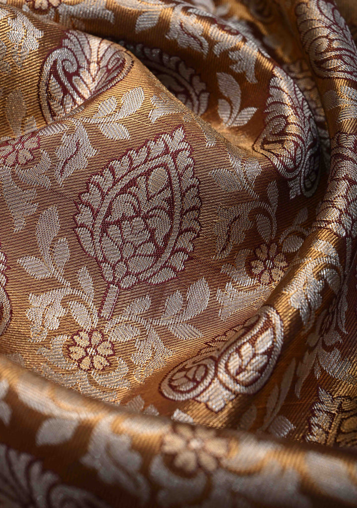 Bronze Kanjivaram Tissue Semi Silk Saree with Meenakari Floral Brocade Jaal and Contrast Zari Border