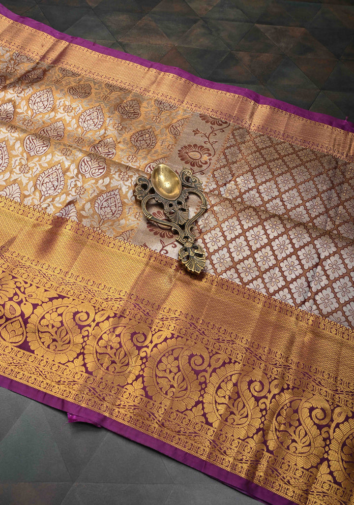 Bronze Kanjivaram Tissue Semi Silk Saree with Meenakari Floral Brocade Jaal and Contrast Zari Border