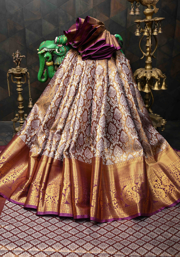 Bronze Kanjivaram Tissue Semi Silk Saree with Meenakari Floral Brocade Jaal and Contrast Zari Border