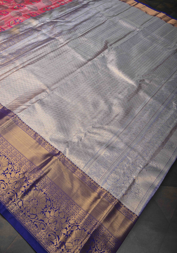 Rani Pink Kanjivaram Tissue Semi Silk Saree with Meenakari Floral Brocade and Contrast Zari Border
