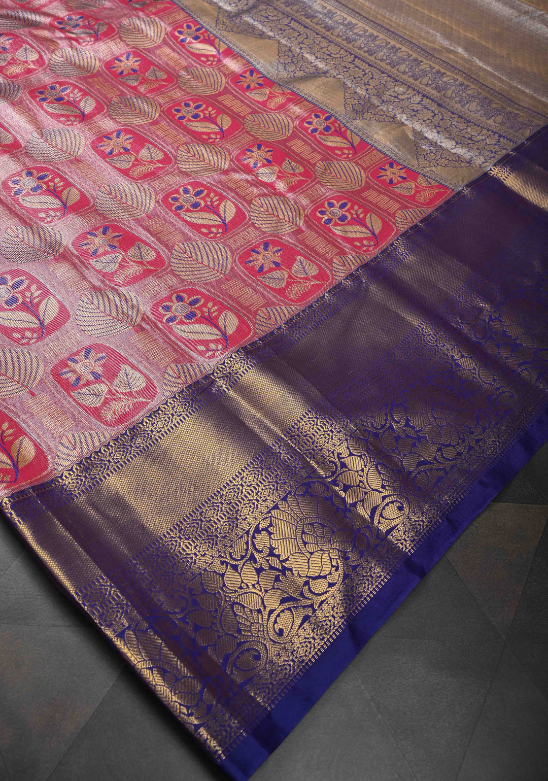 Rani Pink Kanjivaram Tissue Semi Silk Saree with Meenakari Floral Brocade and Contrast Zari Border