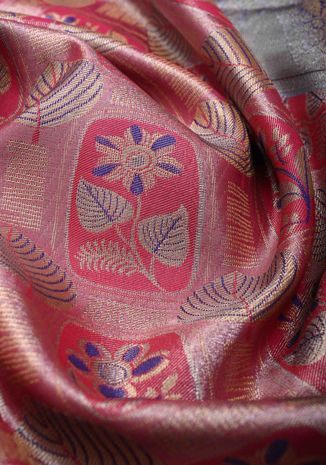 Rani Pink Kanjivaram Tissue Semi Silk Saree with Meenakari Floral Brocade and Contrast Zari Border