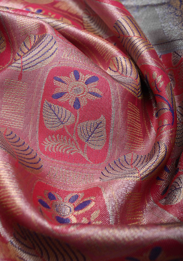 Rani Pink Kanjivaram Tissue Semi Silk Saree with Meenakari Floral Brocade and Contrast Zari Border
