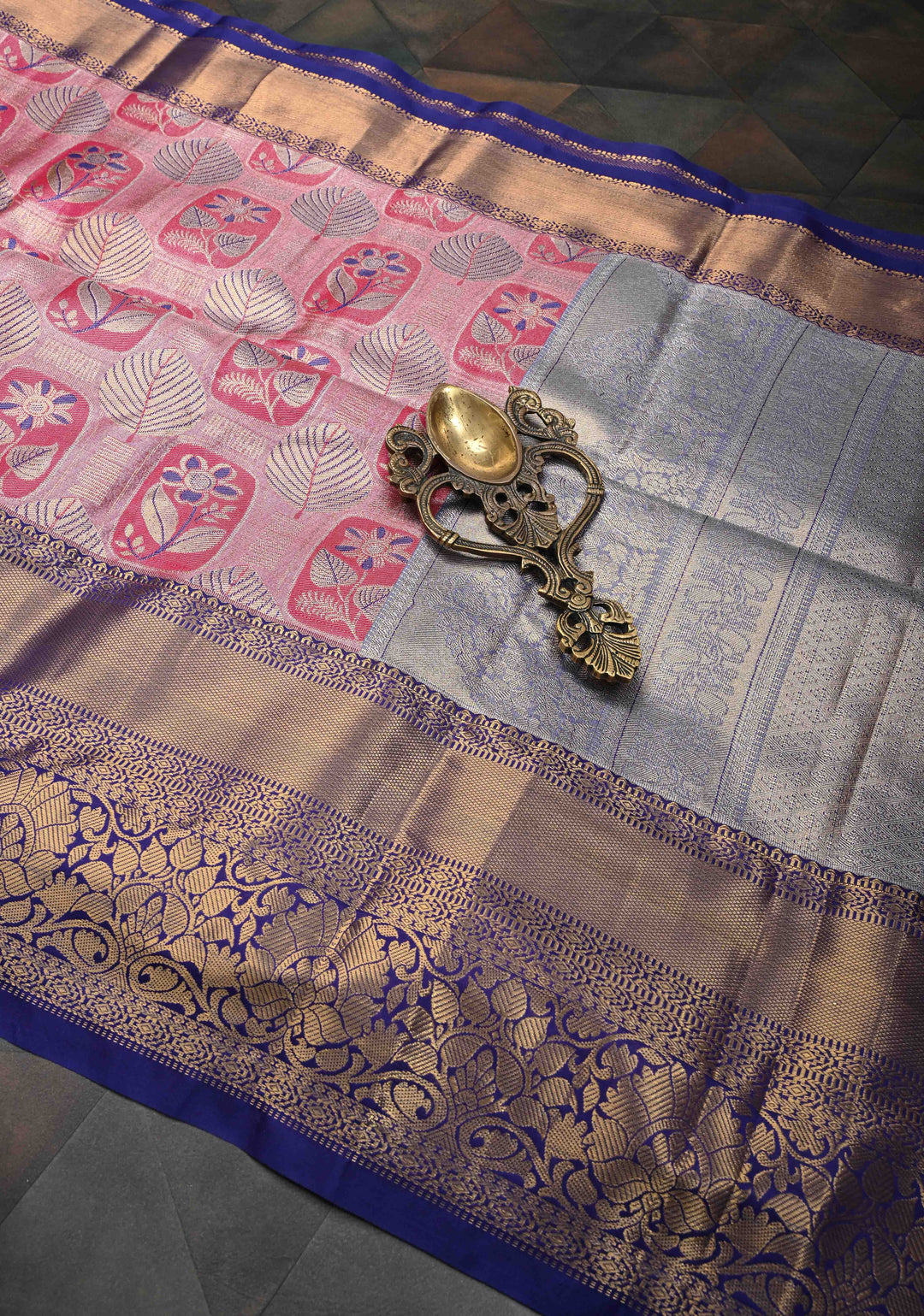 Rani Pink Kanjivaram Tissue Semi Silk Saree with Meenakari Floral Brocade and Contrast Zari Border