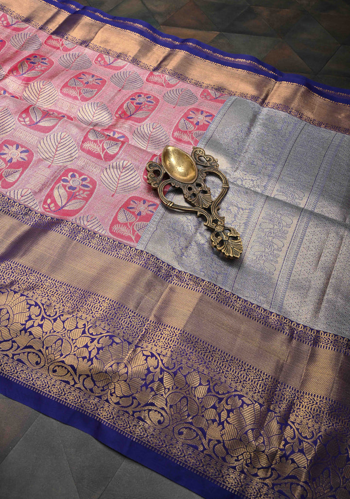 Rani Pink Kanjivaram Tissue Semi Silk Saree with Meenakari Floral Brocade and Contrast Zari Border