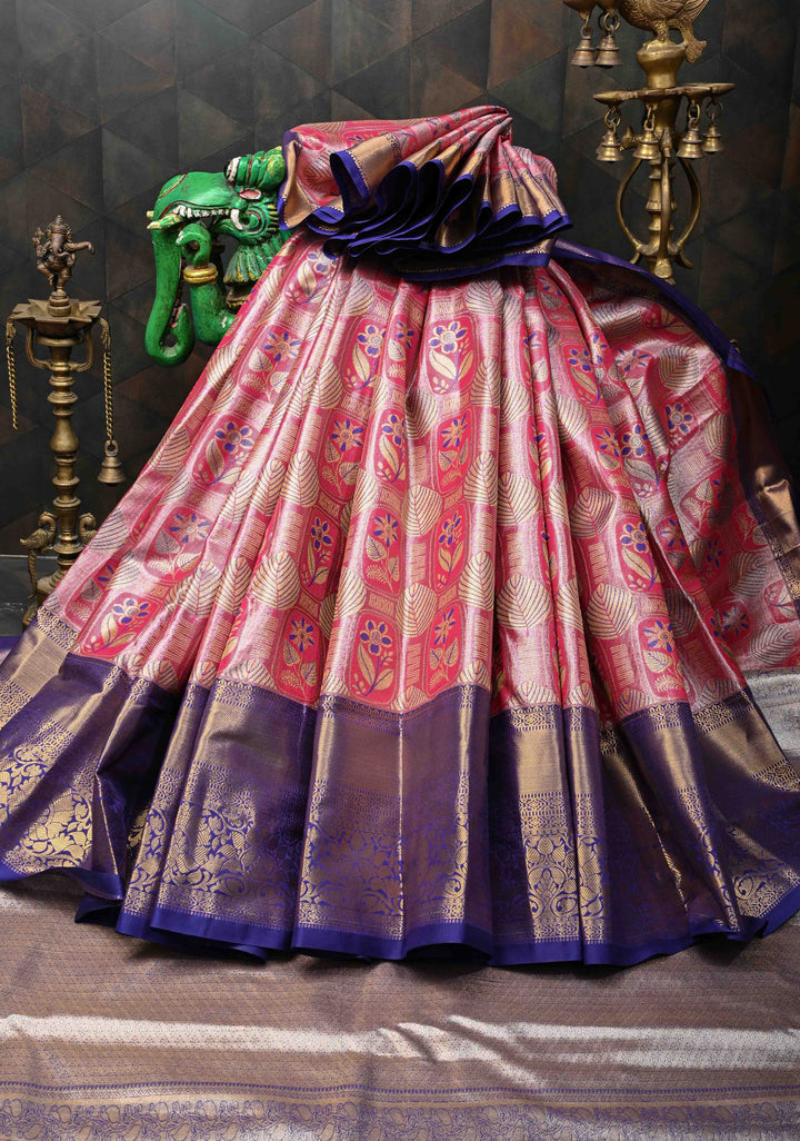 Rani Pink Kanjivaram Tissue Semi Silk Saree with Meenakari Floral Brocade and Contrast Zari Border