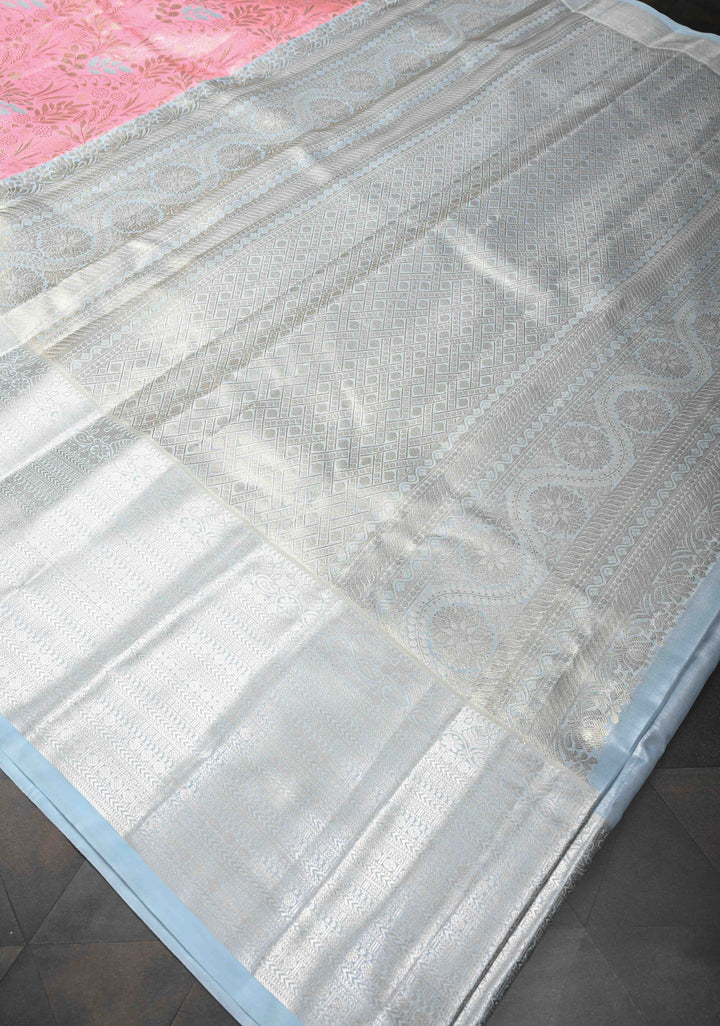 Pale Rose Kanjivaram Tissue Semi Silk Saree with Meenakari Floral Brocade Jaal and Contrast Zari Border