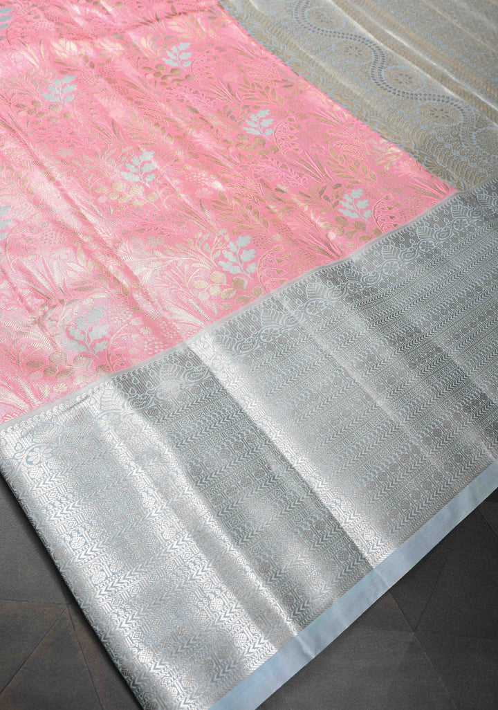 Pale Rose Kanjivaram Tissue Semi Silk Saree with Meenakari Floral Brocade Jaal and Contrast Zari Border