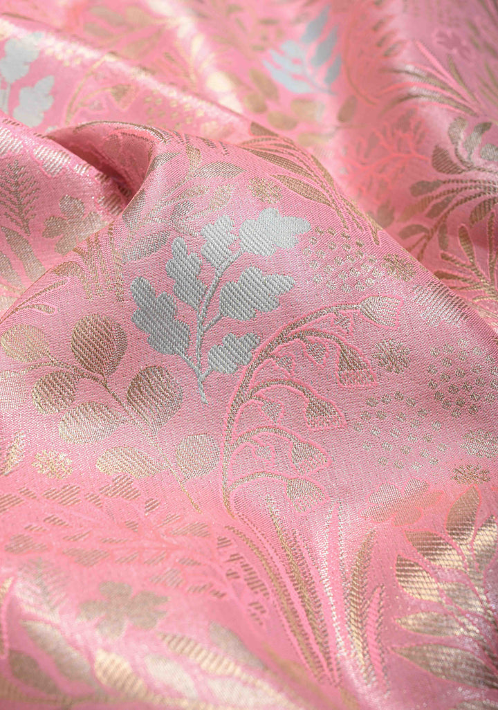 Pale Rose Kanjivaram Tissue Semi Silk Saree with Meenakari Floral Brocade Jaal and Contrast Zari Border